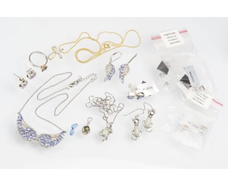 Collection of silver and gem set jewellery to include a tanzanite angel wing necklace and earrings, a pair of 'cognac' zircon