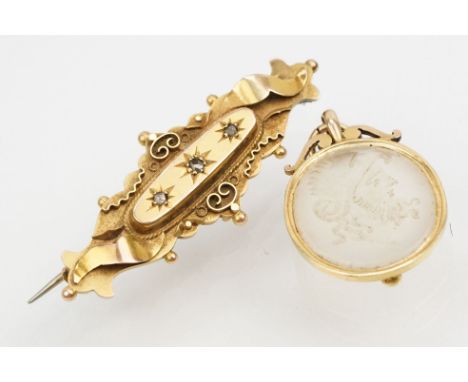 Early 20th Century 9ct gold mourning brooch set with three diamonds (hallmarked Chester 1916) together with a carved white st