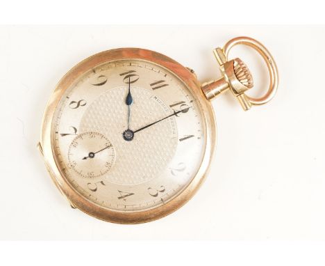 Mermod Freres 14ct gold open face pocket watch having an engine turned face with arabic numerals to the chapter ring and subs