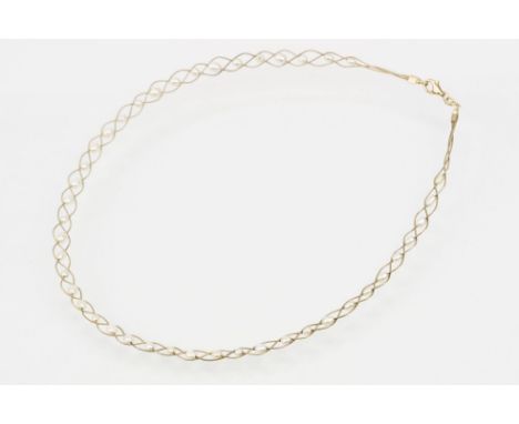 9ct gold and cultured pearl necklace having three woven chains threaded with cultured pearls and a lobster clasp. Hallmarked 
