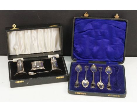 Silver hallmarked cruet set comprising table salt, pepper pot and sugar shaker (hallmarked Birmingham 1972) set within a fitt