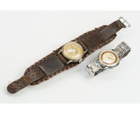 Vintage mid 20th Century Basis Sport chronograph wrist watch with a gilt face and enamelled arabic numerals to the chapter ri