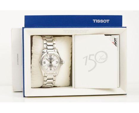 Tissot PR 100 stainless steel wrist watch. The watch having a round face with white dial with arabic numerals and luminous ba