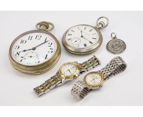 Group of watches to include a goliath pocket watch with white enamel face and arabic numerals to the chapter ring, an Elgin '