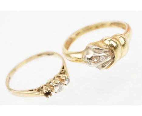Two gold diamond set rings to include a hallmarked 18ct gold knot design ring with diamond accent stones (import marked Sheff