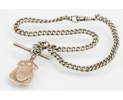 Early 20th Century silver hallmarked pocket watch chain with a 9ctr gold fob medal. Each link marked with sterling lion. Meda