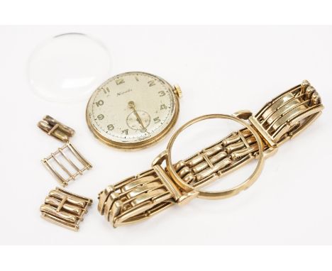 9ct gold Nivada wrist watch having a round face with arabic numerals to the chapter ring and subsidiary dial to six, mounted 
