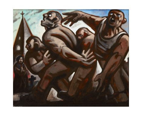 [§] PETER HOWSON (SCOTTISH B.1958)STRONG MEN Signed, oil on canvas75cm x 89cm (29.5in x 35in)