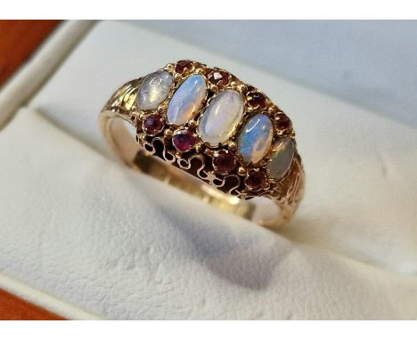 Antique 15ct Gold, Opal &amp; Ruby Cluster Ring, size M &amp; 2.7g