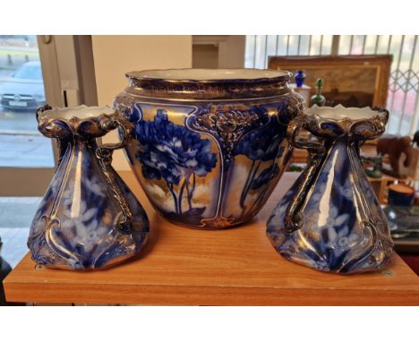 Antique Cobalt Blue Gilt Garniture Pot &amp; Candlestick Set - marked Narcissus to base, F&amp;S