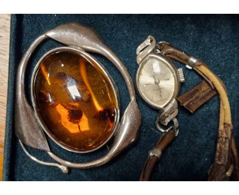 Silver &amp; Amber Large Deco Style Brooch + a 1930's 'Services' Frank Liquorish Cocktail watch