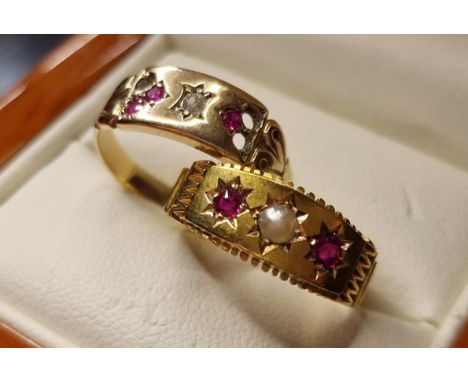15ct Gold Pair of Dress Rings, One Diamond &amp; Ruby (A/F), the other Ruby &amp; Pearls - both size N+0.5 and combined weigh