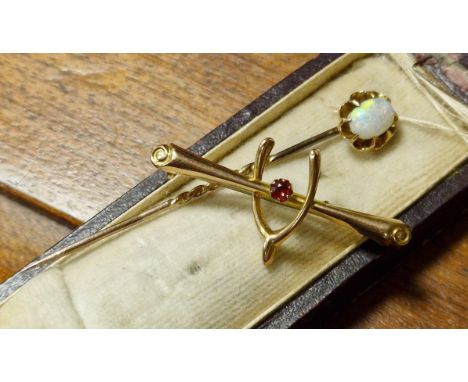 9ct Gold, Ruby &amp; Opal Pair of Pin Brooches - combined 2.35g
