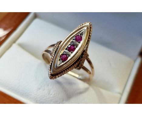 Antique Gold, Diamond &amp; Ruby Marquise Shape Dress Ring - N+0.5 &amp; 2.3g