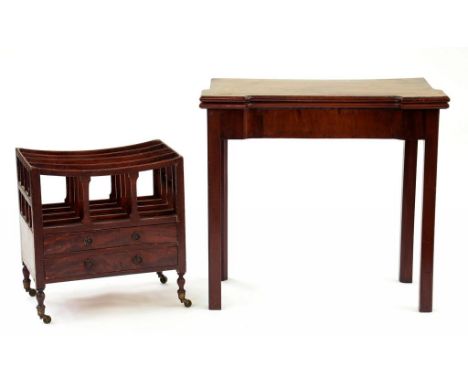A VICTORIAN MAHOGANY CARD TABLE ON SQUARE LEGS AND A CANTERBURY 