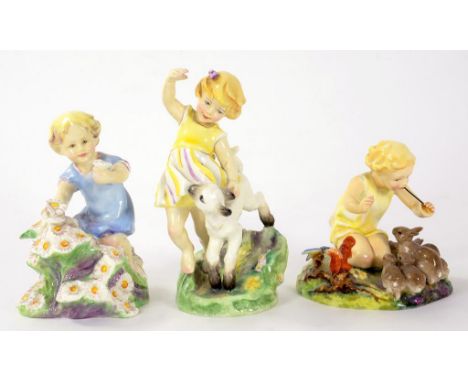 THREE ROYAL WORCESTER FIGURES OF CHILDREN MODELLED BY F.G DOUGHTY COMPRISING APRIL MAY AND WOODLAND DANCE VARIOUS SIZES BLACK