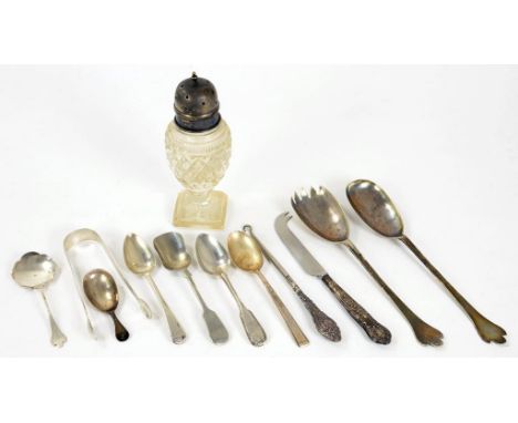 A PAIR OF GEORGE V SILVER SALAD SERVERS TREFID PATTERN SHEFFIELD 1933 SEVERAL OTHER ITEMS OF SILVER FLATWARE INCLUDING A CADD