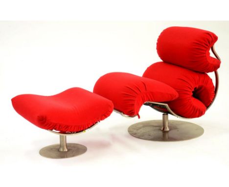 A MODERNIST STAINLESS STEEL AND RED WOOL CHAIR AND STOOL