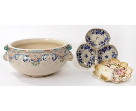 A CONTINENTAL FAIENCE BASIN OF GLOBULAR FORM PAINTED WITH DIAPER RESERVES 47CM OVER HANDLES 20TH CENTURY AND TWO EARLIER STAF