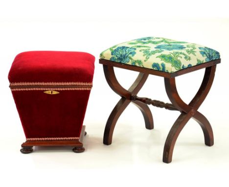 A VICTORIAN VELVET COVERED ROSEWOOD STOOL WITH HINGED LID AND REGENCY STYLE 'X' FRAMED STOOL 