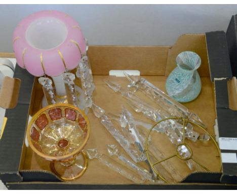 A 19TH CENTURY PINK TINTED AND GILT OPAL GLASS LUSTRE WITH SCALLOPED TURNOVER RIM 23CM H AND THREE OTHER GLASS ARTICLES AND A