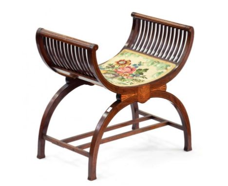 AN EDWARDIAN MAHOGANY AND INLAID 'X' 'FRAMED STOOL WITH SLATTED SIDES