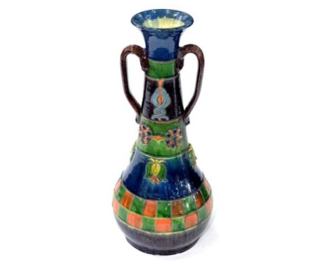 A BELGIAN ART POTTERY TWO HANDLED PAMPAS VASE IN COLOURED GLAZES 68CM H EARLY 20TH CENTURY