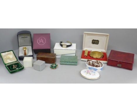 Costume jewellery and wristwatches boxes, a Kigu of London compact and lipstick set and costume jewellery 