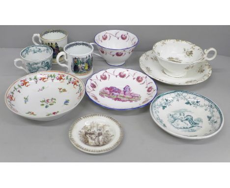 Three Victorian cups and saucers and two small mugs, Welsh costumes, a Georgian New Hall saucer and a small dish 