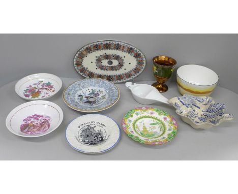 A collection of china including Victorian, Dr. Franklin's Maxim's dish, two strainers, two lustre dishes including New Hall, 