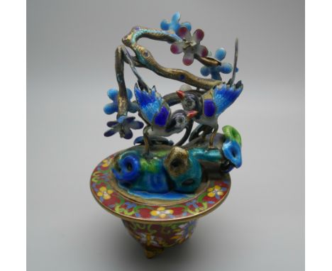 A Chinese silver gilt and enamelled model of two birds by a prunus bush on a cloisonne jardiniere, 10cm 