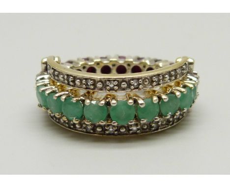 A 925 silver, emerald, ruby and diamond reversible ring, R 