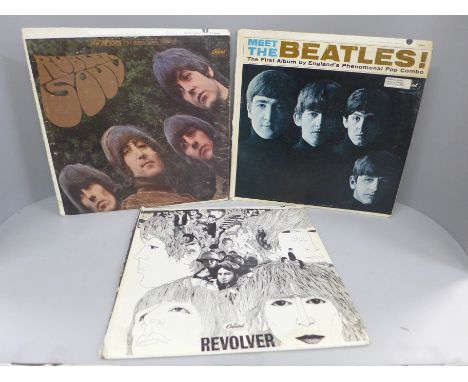 Three The Beatles LP records, U.S. and Canada pressings, Meet The Beatles, T2047, Rubber Soul ST2442 and Revolver ST2576 