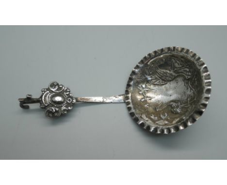 A ladle embossed with storks, London 1902 import mark, 26g, bowl 57mm diameter 