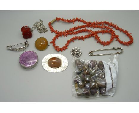 A collection of silver and other jewellery including a coral necklace, guilloche enamel pot, a/f, etc. 