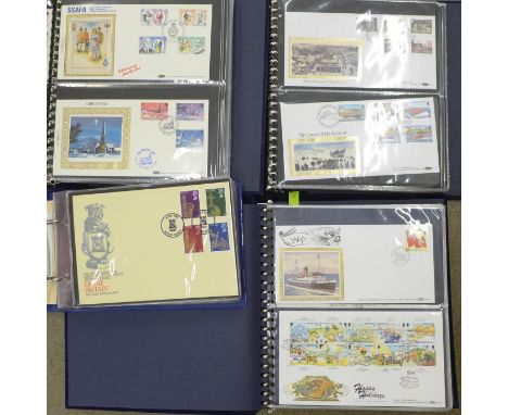 Four albums of vintage First Day Covers stamps including racing cars, boats, trains, Royalty, etc. 