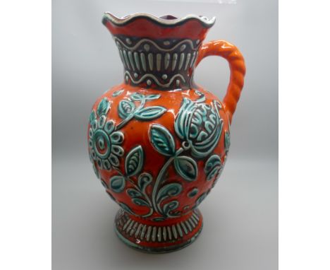 A Bay Keramik vintage West German pottery orange vase, 63 25 backstamp with relief floral decoration, chip to rim 