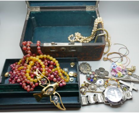 A collection of vintage jewellery; two silver brooches including one Victorian name brooch, Jane, beaded necklaces, Miracle j