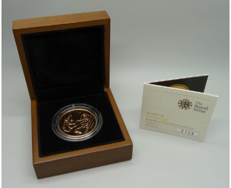 The Royal Mint The 2010 Sovereign £5 Brilliant Uncirculated Gold Coin, No. 0106, cased 