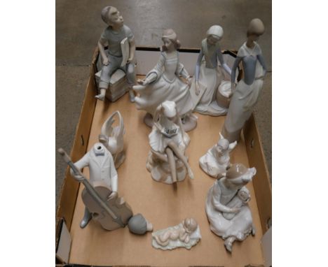 A collection of Nao and other Spanish figures, nine in toal, some a/f and a small Lladro figure of a young child sleeping **P