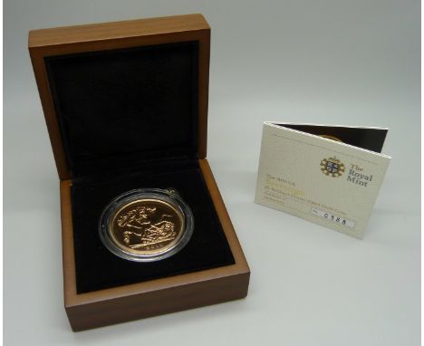 The Royal Mint The 2010 Sovereign £5 Brilliant Uncirculated Gold Coin, No. 0388, cased 