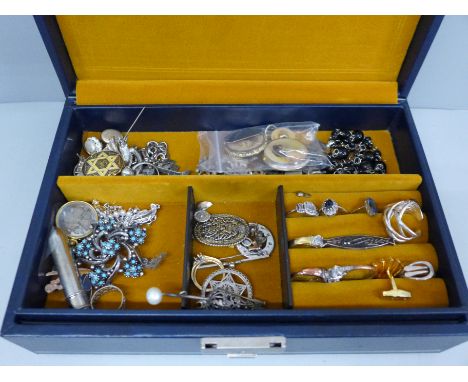 A jewellery box and vintage costume jewellery including some silver (in silver cabinet) 