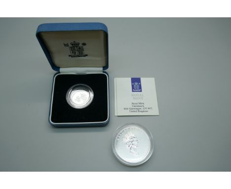 A 1990 silver proof one pound coin and a 1995 9999 silver proof 1oz Maple 5 Dollars 