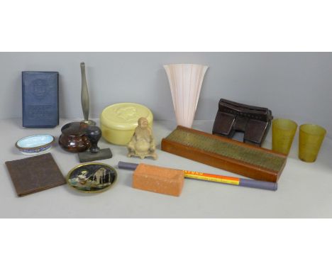 A soapstone Buddha, cribbage board, money bank, Bakelite View-Master and other items 