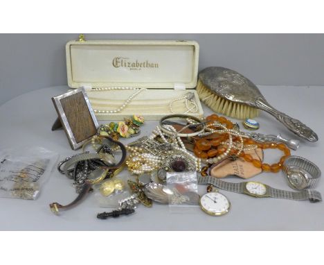 Costume jewellery, watches, a small silver photograph frame and a silver Reynolds Angels brush 