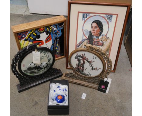 A collection of oriental tourist trade items including screens, fan, porcelain cat, boxed and jade and wood hanging decoratio