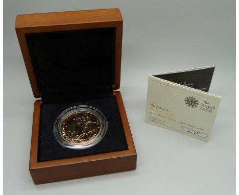 The Royal Mint The 2010 Sovereign £5 Brilliant Uncirculated Gold Coin, No. 0297, cased 