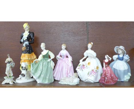 A collection of figures; three Royal Doulton, one a/f, one Capodimonte, one Coalport, Lladro and Nao and one Art Deco figure 