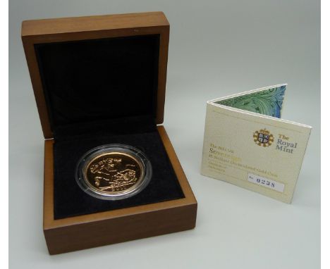 The Royal Mint The 2010 Sovereign £5 Brilliant Uncirculated Gold Coin, No. 0238, cased 