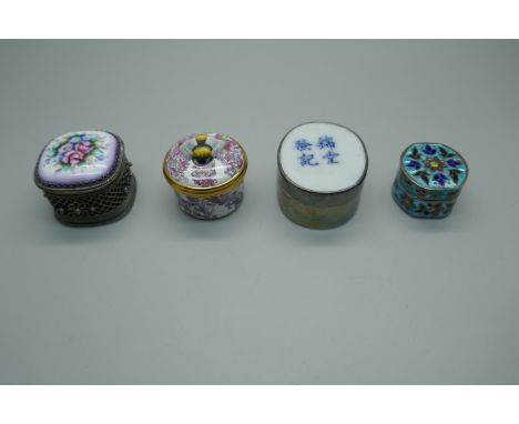 Four enamelled trinket boxes including one by Halcyon Days, a silver oriental example, one blue enamel and one filigree 